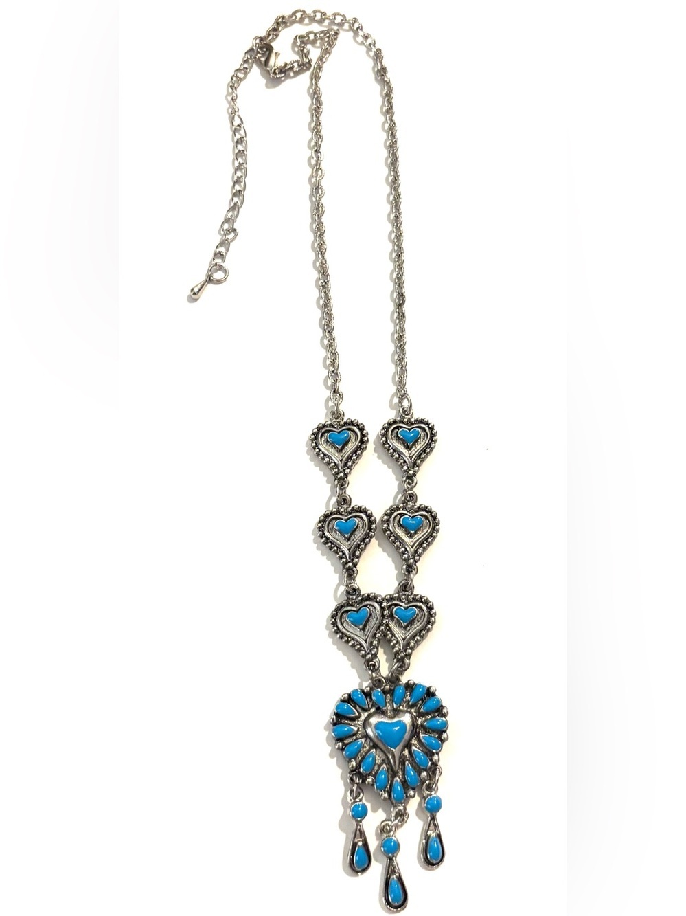 Vintage Silver-Tone Necklace with Bright Turquoise Heart Accents